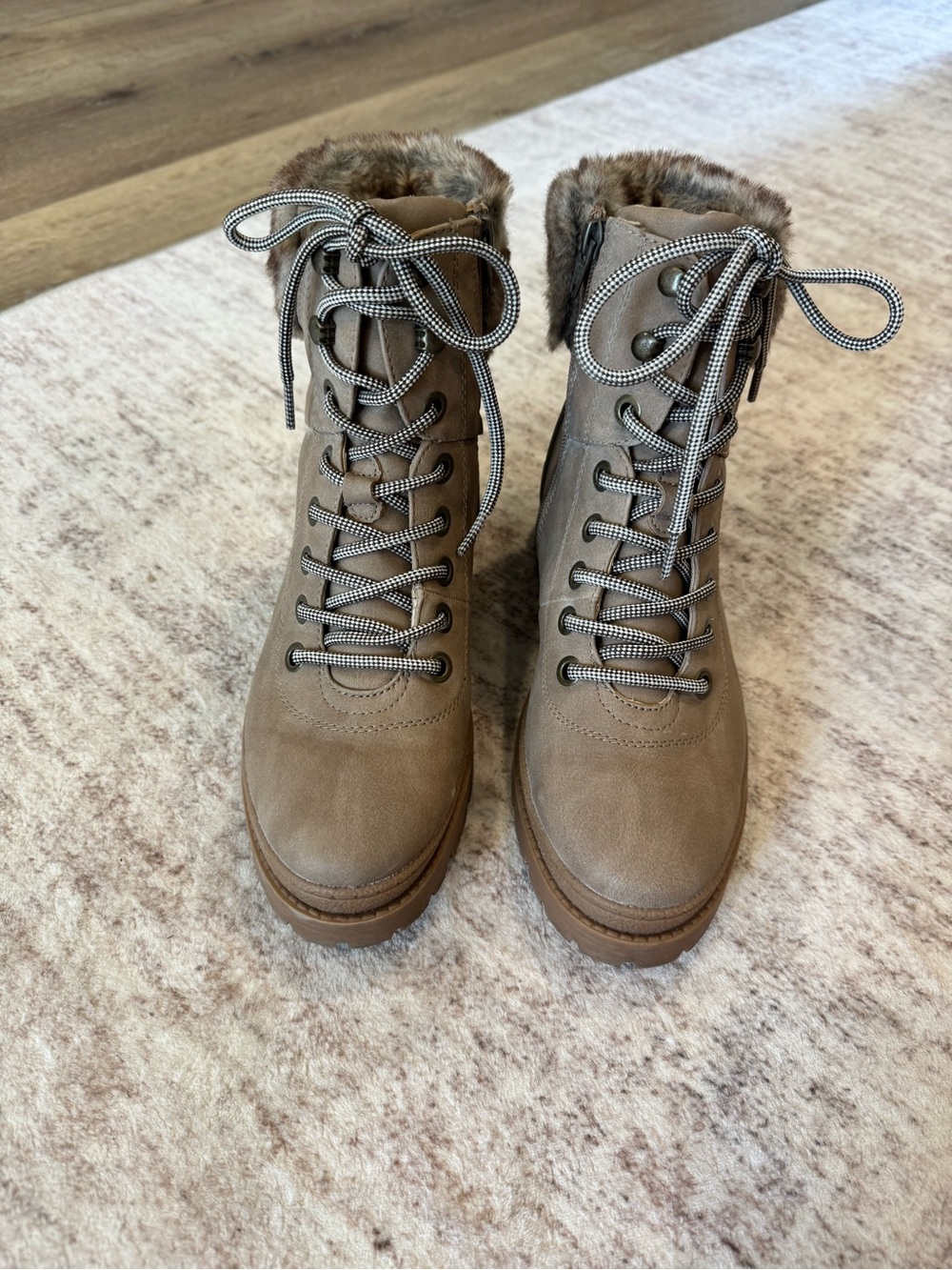 Universal Thread Taupe Lace-Up Faux Fur Collar Ankle Booties